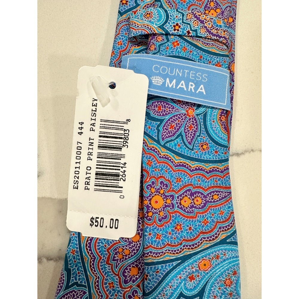 Countess Mara Mens Silk Necktie Prato Print Paisley‎ Blue Purple Orange NWT - Picture 2 of 3